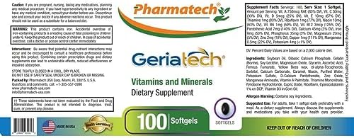Senior multivitamins, Vitamins and Minerals Supplement, Women and Men Over 60, with Vitamin B12, Easy to Swallow, 100 softgels, by Pharmatech®