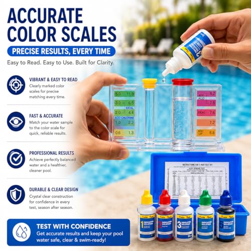 XtremepowerUS 5-Way Swimming Pool Test Kit pH, Chlorine, Bromine, Alkalinity Chemistry Testing with Case Spa, Inground Above Ground Pool Residential