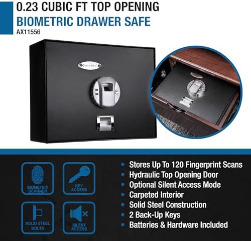 Barska AX11556 Biometric Fingerprint Top Opening Security Drawer Safe Box 0.23 Cubic Ft, Multi