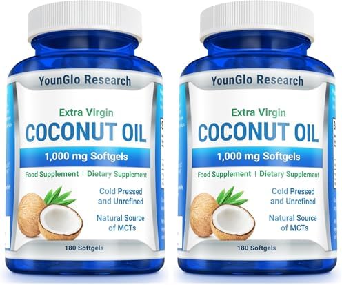 Coconut Oil 1000 mg 100% Cold-Pressed Organic Extra Virgin Coconut Oil 180 Vegan Softgel Capsules Keto-Friendly Dietary Supplement Support for Hair, Nails & Skin Health