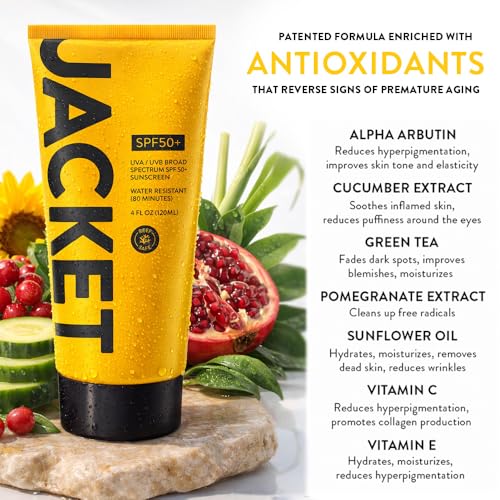 JACKET Sunscreen SPF 50+ | Mineral Sunscreen with Vitamin C | Water Resistant 80 Min, Natural