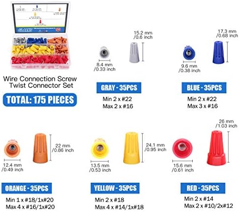 Glarks 8" 10-22 AWG Multifunction Wire Stripper/Crimper/Cutter and 175Pcs Twist Nuts Caps Electrical Wire Connectors Screw Terminals with 5Pcs