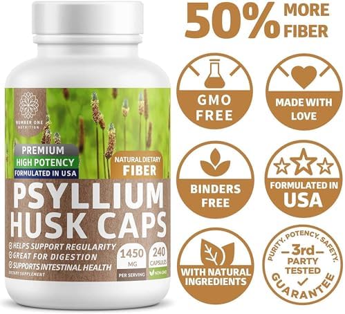 Psyllium Husk Capsules 1450mg, Soluble Fiber Support, Non-GMO, 240 Caps