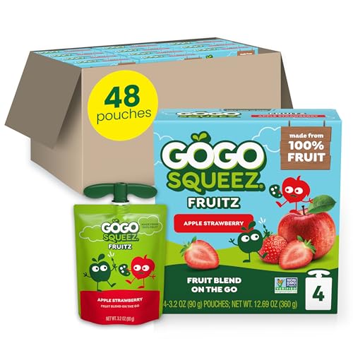 GoGo squeeZ No Sugar Added Applesauce, Apple Apple, 3.2 oz, 48 Count | Kids on the go fruit snack made with applesauce & fruit puree; 3.2 oz pouches, gluten and nut free, recloseable cap, BPA-free