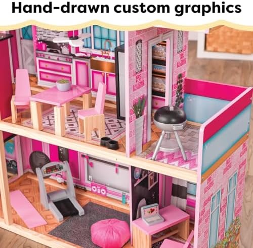 KidKraft Wooden Dollhouse Shimmer Mansion for 12" Dolls | Over 4 Feet Tall, Garage, For 12-Inch Dolls, DIY Pink Doll House, Gift for Ages 3+
