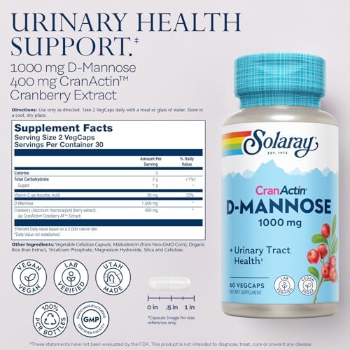 SOLARAY D-Mannose with CranActin Cranberry 400 mg, 60 VegCaps | Urinary Tract & Bladder Support - D-Mannose, CranActin Cranberry & Vitamin C - 30 Servings - Vegan, Lab Verified
