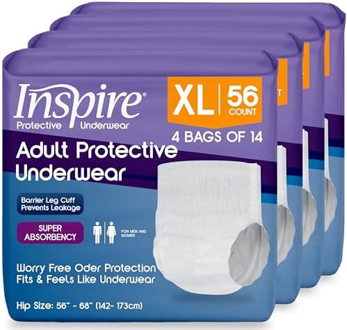Inspire Protective Underwear for Men and Women with Incontinence | Adult Diapers | Disposable Underwear for Adults | Adult Pull Ups - 4 Bags of 14 | 56 Total (Extra Large)