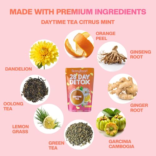 SkinnyBoost 28 Day Detox Daytime Tea - CITRUS MINT (28 Tea Bags) Supports Metabolism Boost, Detox, All Natural, Non GMO, Vegan, Keto Friendly | Natural Energy Boost, Supports Metabolism, Detox, All Natural, Non GMO, Vegan, Keto Friendly, Antioxidants