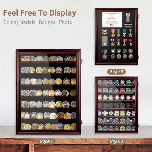 ASmileIndeep 7 Rows Military Challenge Coin Holder Display Cabinet Wall Mount with HD Tempered Glass, Holds 100 Coins, Wooden Medal Display Case Shadow Box with Removable Shelves, Mahogany
