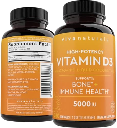 Viva Naturals Vitamin D3 5000 IU Softgels, 360 Count (125 mcg), Supports Bone & Immune Health, High Potency Vitamin D