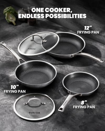 Nonstick Frying Pans,12 Inch Commercial Baking Pan Skillet with Lid | Hybrid Stainless Steel, PFOA-Free, Dishwasher & Oven Safe,Induction Compatible