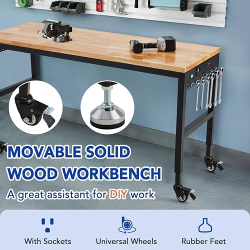 Workbench Adjustable 75' x 25', 2000 Lbs Load Capacity, 29.5"-38.4" Heights Garage Worktable with Universal Wheels & Power Outlet