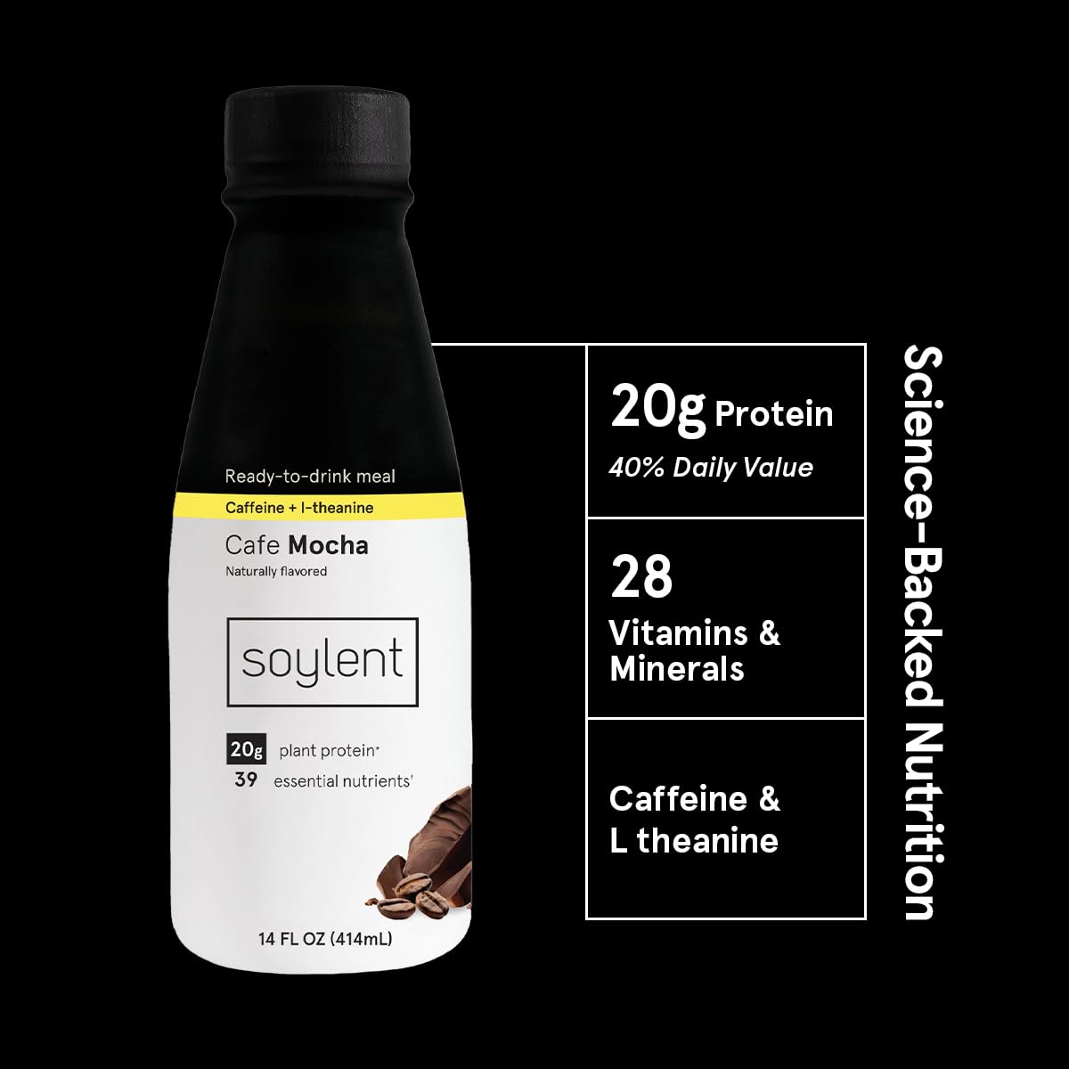Soylent Creamy Chocolate Meal Replacement Shake, Ready-to-Drink Plant Based Protein Drink, Contains 20g Complete Vegan Protein and 1g Sugar, 14oz