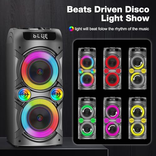 Karaoke Machine with 2 Wireless Microphones, Portable PA System Big Bluetooth Speaker with LED Lights, Remote Control Support Bass/Treble Adjustment
