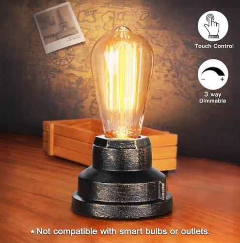 Small Touch Control Table Lamp Base, Industrial Touch Light Vintage Edison Bulb Base, Dimmable Bedside Nightstand Accent Light for Living Room Bedroom