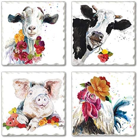 Thirstystone Fancy Farm Multi-Image Absorbent Stone Tumbled Tile Coaster 4 Pack with Protective Cork Backing Manufactured in The USA | 4" Square