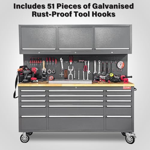 HAUTMEC 72" Rolling Tool Chest with 15 Lockable Drawers & 3 Upper Cabinets, Heavy-Duty 16-Gauge Steel Garage Workbench with Solid Oak Top