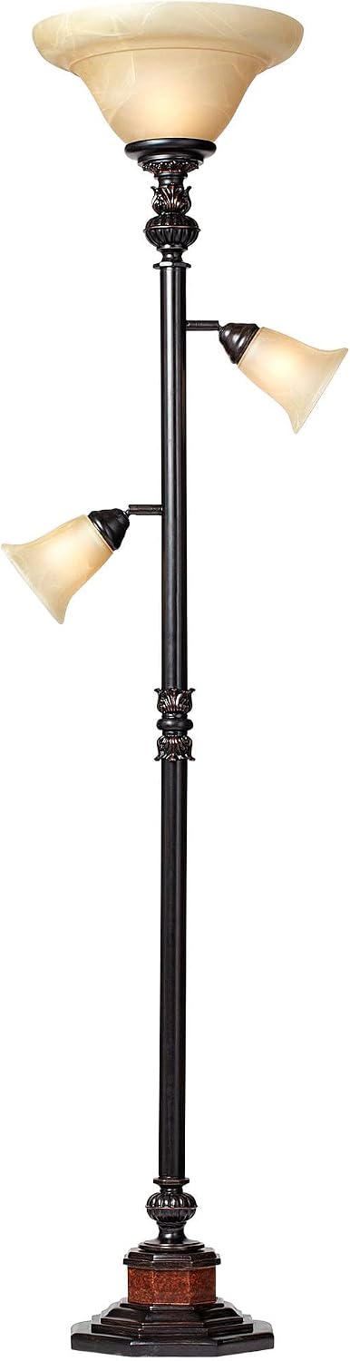 Kathy Ireland Sonnett 72" Tall 3-Light Torchiere Floor Lamp Living Room | Industrial Vintage Tree Standing Bronze Brown Champagne Alabaster Glass