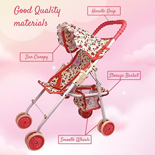 The New York Doll Collection My First Doll Stroller with Basket & Heart Design Foldable Doll Stroller, Pink