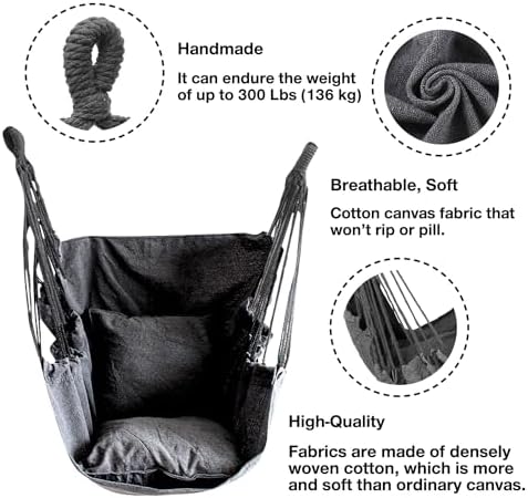 Hommtina Hammock Chair Hanging Rope Swing, Max 300 Lbs Hanging Chair with Pocket & Durability Perfect for Outdoor, Home, Bedroom, Patio