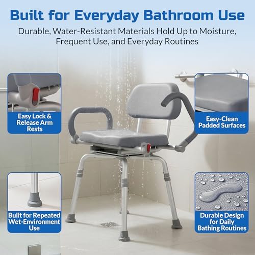 Swival Shower Chair with Padded seat for Inside ShowerFor Senior, Bath Seat | Sit Securely While Bathing - Blue, padded seat, padded armrests, swivel seat, tool-free assembly, 600 lb