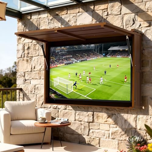Outdoor TV Enclosure, Fit for 32-55 Inch TV, Solid Wood Wall-Mounted TV Cabinet with Dual-Arm Steel Bracket, Includes 600D TV Cover (Walnut Color)