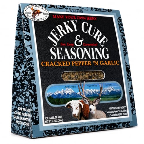 Hi Mountain CRACKED PEPPER 'N GARLIC BLEND Jerky Seasoning and Cure Kit | Bold pepper and garlic flavor, jerky seasoning for beef, deer, elk