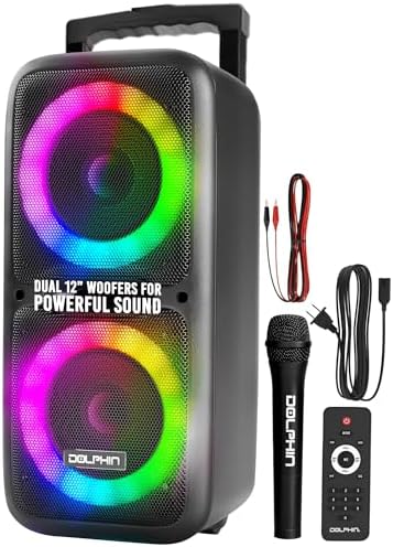 Dolphin Bluetooth Party Speaker with Wired Microphone, Dual 12" Woofers | 5-Band EQ, Hi-Fi Amplifier, Multicolor LED Lights, USB & AUX Playback