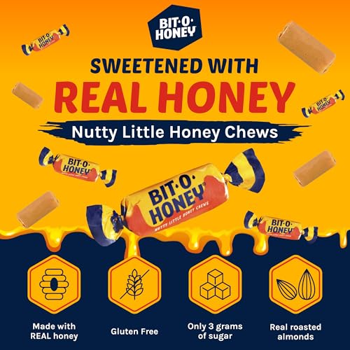 Bit O Honey Candy - Individually Wrapped Honey Taffy with Roasted Almond Bits, Gluten-Free, Classic Bite-Sized Treats, Sweet and Chewy Taffy Candy Bulk Bag - 5 LBS