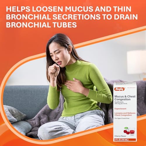 Rugby Mucus & Chest Congestion Guaifenesin 200 mg, 4 Fl Oz (1-Pack) | Cherry Flavor, Expectorant Cough Syrup, Loosens and Relieves Chest Congestion
