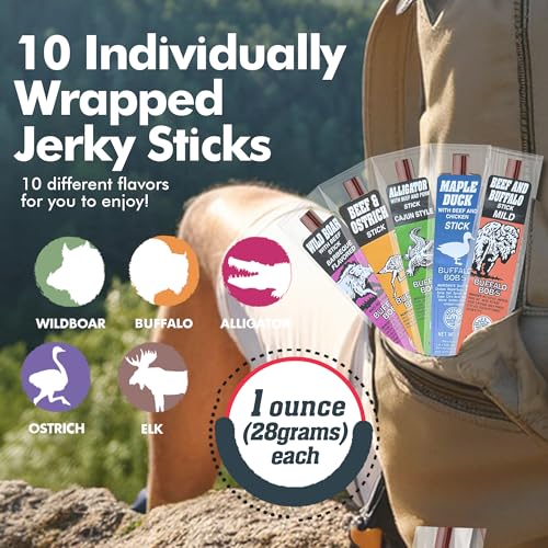 Jerky-n-Spice Wild Game Exotic Meat Sticks (10-Pack) | Ultimate Beef Jerky | Savory Snacks Variety Pack for Adults | Perfect Gifts for Anniversary, Camping, Hunting & Birthday Events