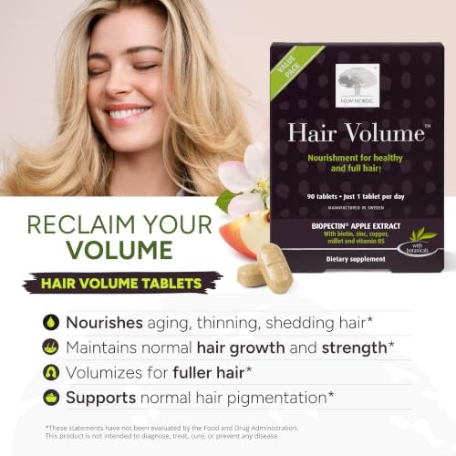 NEW NORDIC Hair Volume Daily Biotin Support Supplement | 90 Tablets | Daily hair supplement tablets made with biotin and Annurka apple extract for simple incorporation into your daily routine