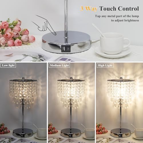 Touch Control Crystal Table Lamp with USB C+A Charging Ports, 3-Way Dimmable Bedside Touch Lamp Decorative Nightstand Lamp with Elegant Lampshade for Living Room Bedroom, B11 LED Bulb Included