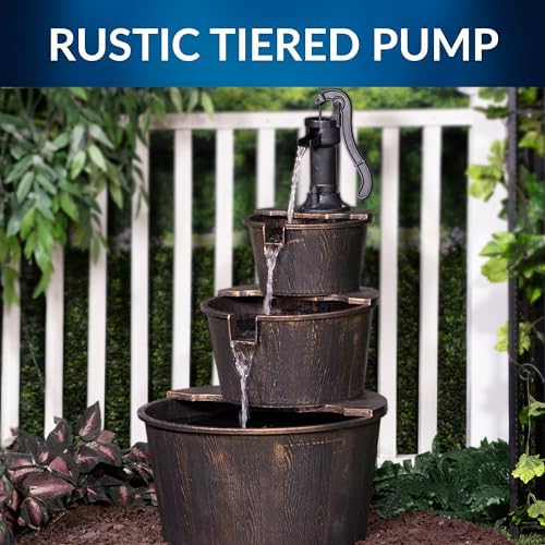 Alpine Corporation 40" Tall Outdoor Floor Tiered Rustic Pump and Barrel Water Fountain, Old-Fashioned Waterfall for Garden, Patio, Yard Decor