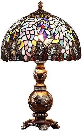 Bieye L10568 Wisteria Flowers Butterflies Tiffany Style Stained Glass Table Lamp with 12-inch Wide Lampshade, 19-inch Tall
