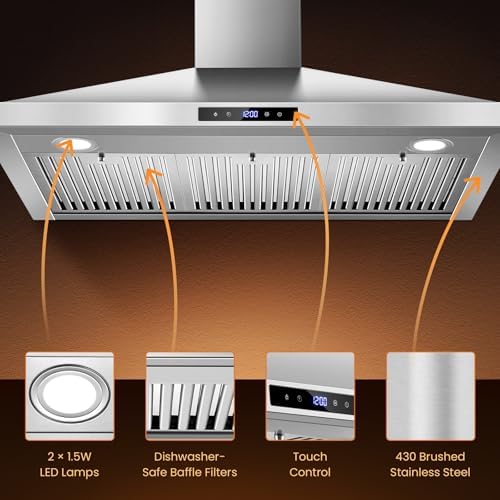 Tieasy Wall Mount Range Hood 30 inch Kitchen Hood 700 CFM with Ducted/Ductless Convertible Duct, Touch Control, Permanent Filters, Stainless Steel