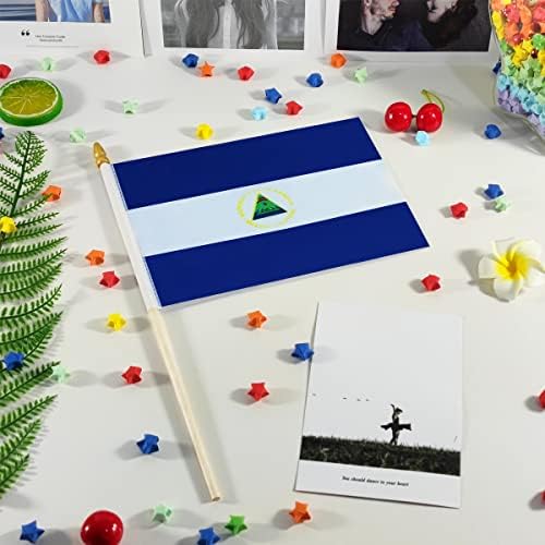 QQSD Nicaragua Small Flag Nicaraguan Stick Mini Hand Held Flags - Solid Wooden Pole with Spear Top, 12 Pack