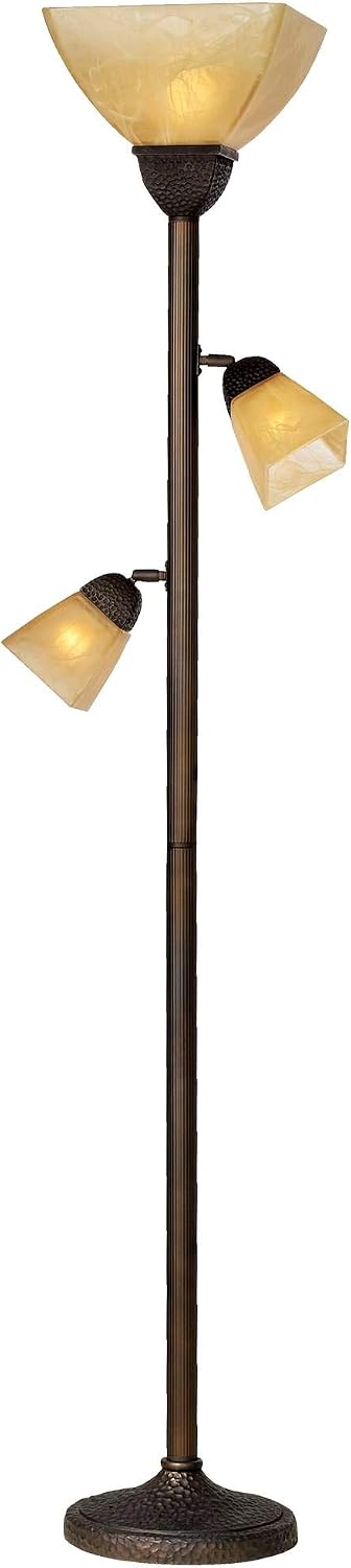Antonio 71 1/2" Tall Bronze and Champagne Glass Torchiere Floor Lamp | Rustic Farmhouse Mission Roman 3-Light Frosted Amber Shade for Living Room