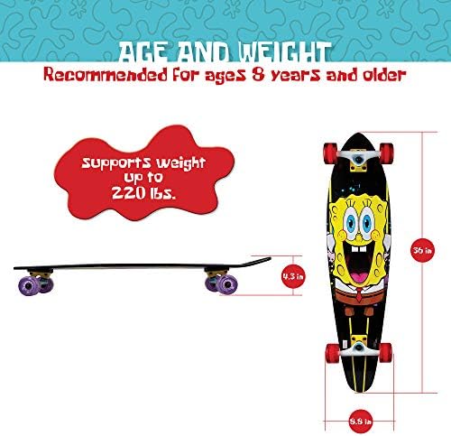 Kryptonics Spongebob 36" Longboard Skateboard – Durable Maple Deck, Smooth PU Wheels, Great for Kids, Teens & Beginners.