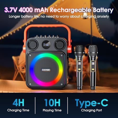 Karaoke Machine with 2 Wireless Microphones for Adults & Kids, 8000mAh Portable Bluetooth Speaker PA System with Lights, Supports AUX in/TF Card/FM/REC, Microphone Speaker Set for Home Party, Outdoor