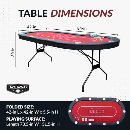 Hathaway Fourth Street Folding Texas Holdem Table – 10-Player Quick Folding Poker Table with Burgundy Felt Padded Surface – Includes Playing Cards
