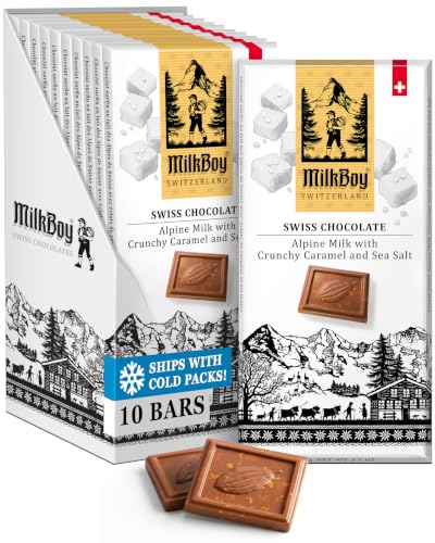 MilkBoy Swiss Chocolates Milk Chocolate Bars, Caramel Salt - 3 oz, 5 Pack | Premium gourmet treat with crunchy caramel and sea salt. Gluten free. Non-GMO. Kosher. Crafted in Switzerland.