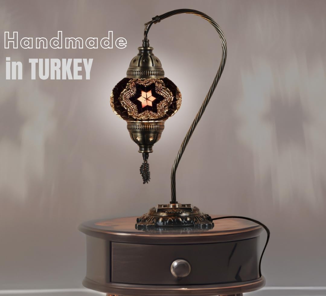 DEMMEX Turkish Table Lamp Moroccan Bedside Light Handmade Tiffany Mosaic Glass Boho Artisan Accent Lighting for Bedroom Living Room, Antique Brass Finish – 15" H, Multicolor