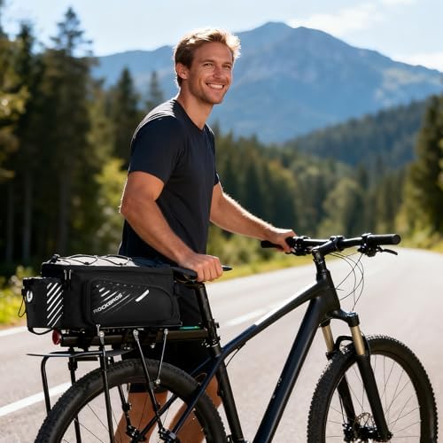 ROCKBROS 15L Bike Rear Rack Bag Pannier Trunk Bag with Rain Cover | Large Capacity Storage Bag Detachable Shoulder Strap Bicycle Trunk Rear Rack Bag Fits All Bikes E-bikes for Daily Cycling