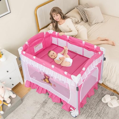 HONEY JOY 4-in-1 Pack and Play with Canopy, Portable Baby Playard w/Changing Table and Infant Bassinet Cute Toys & Music
