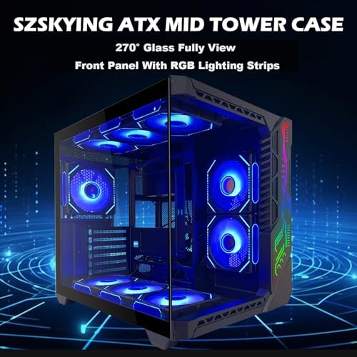 SZSKYING Mid-Tower Gaming ATX PC Case, 9 ARGB Fans with Remote, Tempered Glass, 360mm Radiator, Type-C, Black.