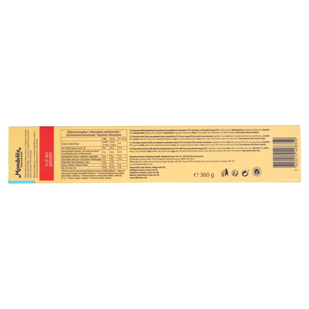 Toblerone Crunchy Almonds Chocolate Bar, 360g. Christmas, Confectionery, Big Night In, Birthday, Easter, Halloween, Thank you gift