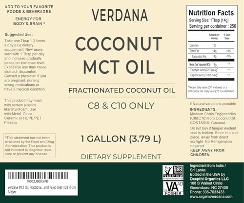 Verdana MCT Oil, Fractionated, 100% from Coconut - 1 Gallon - Kosher Food Grade, Vegan, Non-GMO - Great for Keto and Paleo Diet (128 Fl Oz)