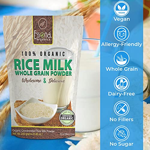 Raw Organic Rice Milk Powder from Essona Organics. Convenient re-sealable pouch. Now Larger Size 240 grams. New Package.