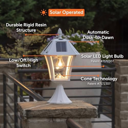 Gama Sonic Baytown II Bulb White Outdoor Solar Light, Single Post Light with 3 Mounting Options, 3in. Fitter for Lamp Posts